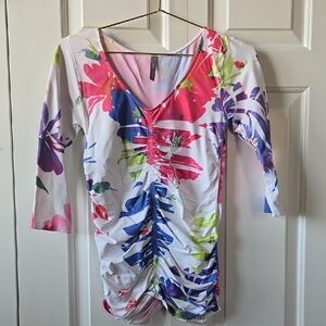 Floral Ruched Top with 3/4 Sleeves